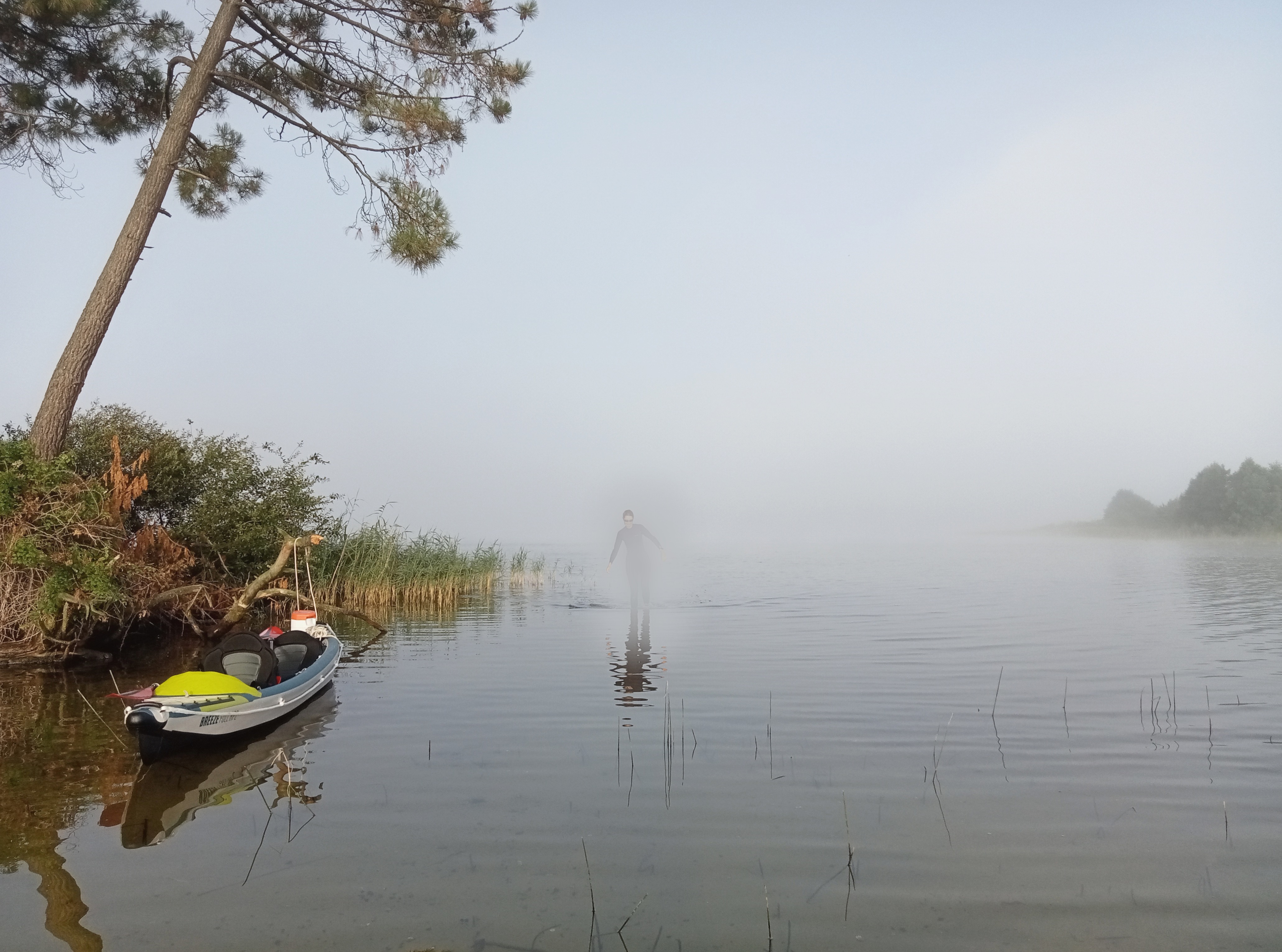 Une jeune femme avançant dans l'eau calme d'un lac, dans la brume matinale, près d'une barque amarrée sous un pin